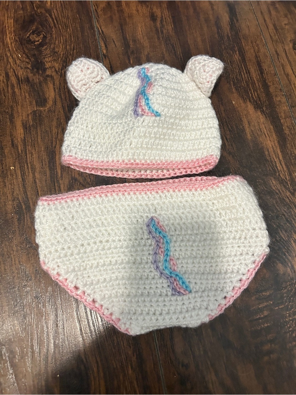 Handmade White & Pink Crochet Unicorn Hat and diaper cover Set